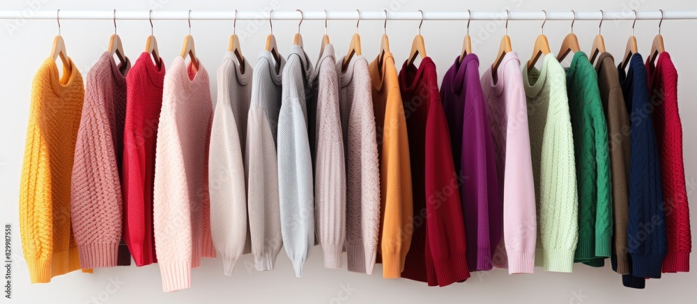 Poster a line up of vibrant knitted sweaters along with a t shirt hang gracefully on hangers against a pris