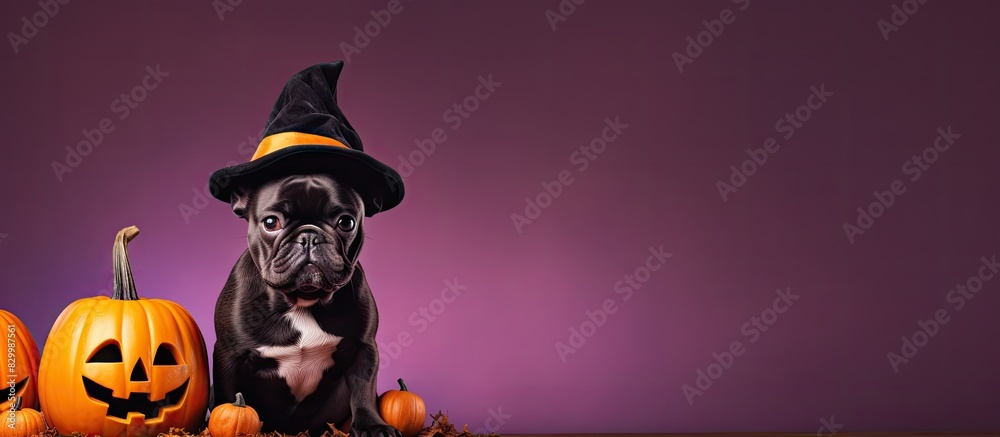 Poster a french bulldog wearing a witch hat poses next to a cauldron and pumpkins on a purple background cr