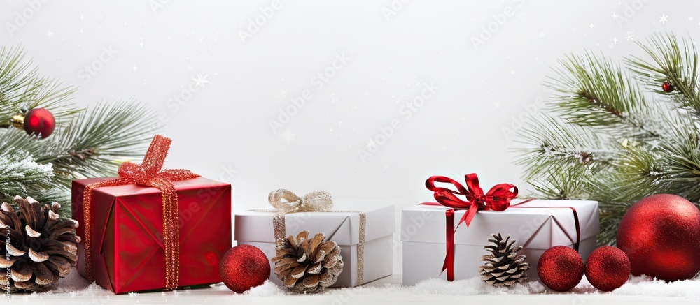 Poster a festive arrangement of holiday gifts adorned with a spruce branch and ornaments on a clean white b