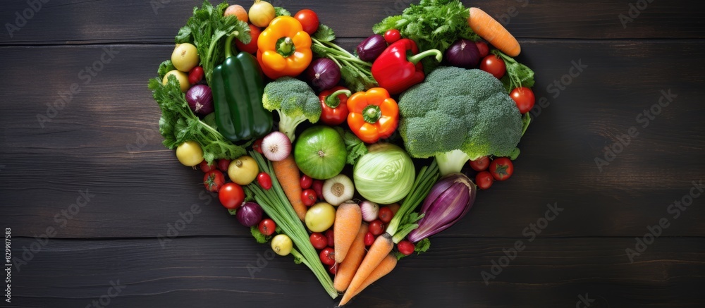 Aufkleber Heart shaped arrangement of vegetables on a table creating a conceptual image of vegetarian cuisine with copy space