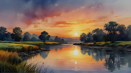 Watercolor painting of a view river tree and sunset