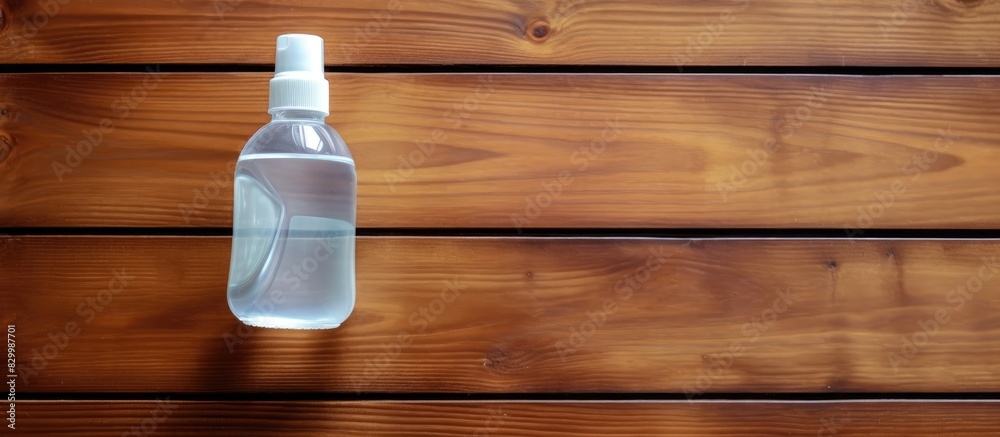 Poster Health concept Hand sanitizer and surgical mask placed on a wooden table creating a visually appealing flat lay image with copy space