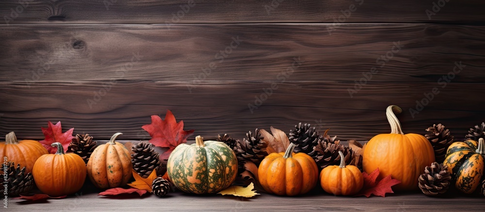 Poster at a dark wooden table there is a festive autumn background with pumpkins pine cones and leaves surr
