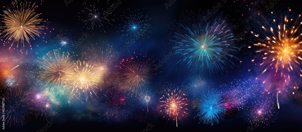 Poster an abstract holiday background featuring fireworks at new year with available copy space