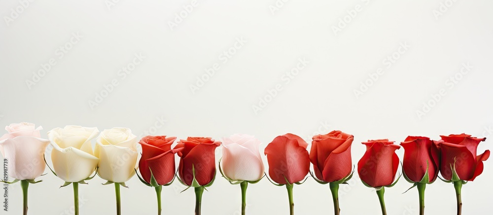Poster high quality photo of a row of beautiful rose buds providing copy space the background consists of w