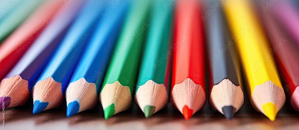 Poster A close up view of colored pencils on a textured surface with a shallow depth of field creating a visually pleasing copy space image