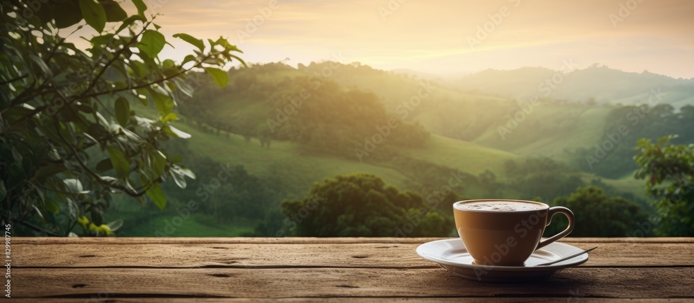 Aufkleber a copy space image of a cup of coffee placed on a rustic wooden table amidst a scenic natural settin