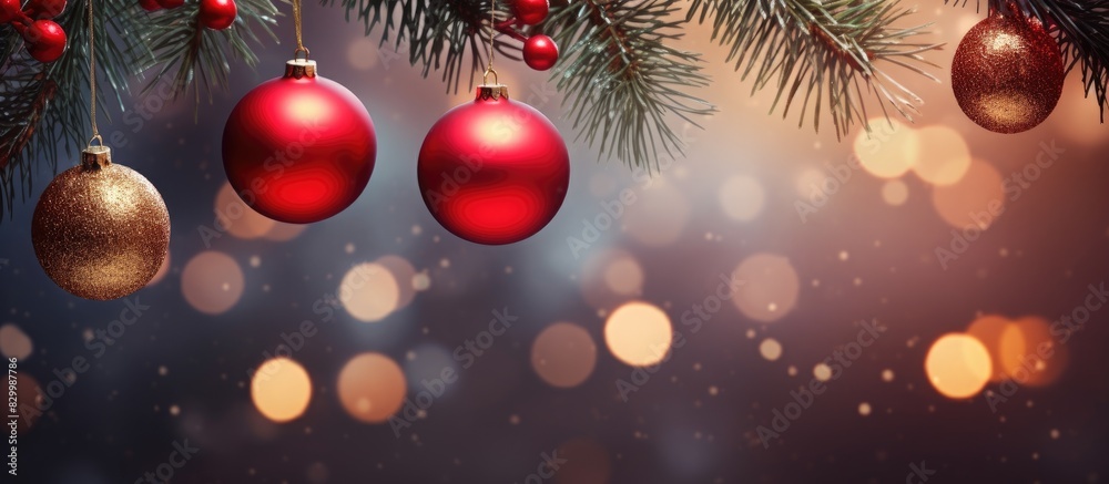Aufkleber Close up image of fir tree branches adorned with red new year balls against a stunning backdrop of colorful bokeh Depicts a Christmas composition suitable for a greeting card Ample copy space availabl