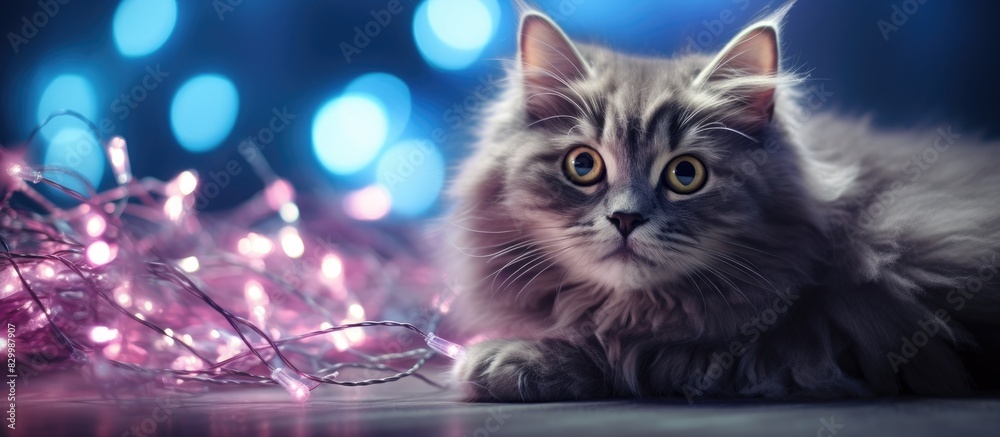 Poster a charming feline energetically interacts with sparkly christmas tinsel in an adorable copy space im