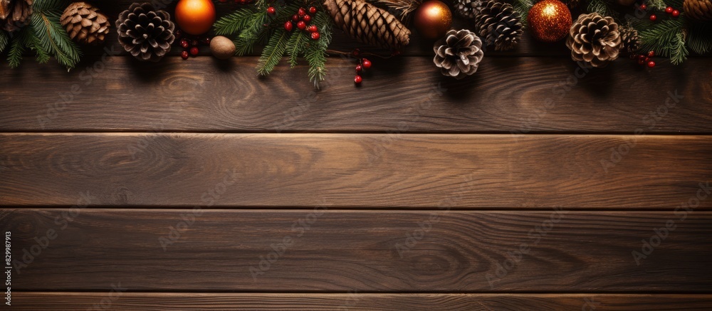Poster a festive holiday background with christmas decorations placed on a wooden table captured from a top