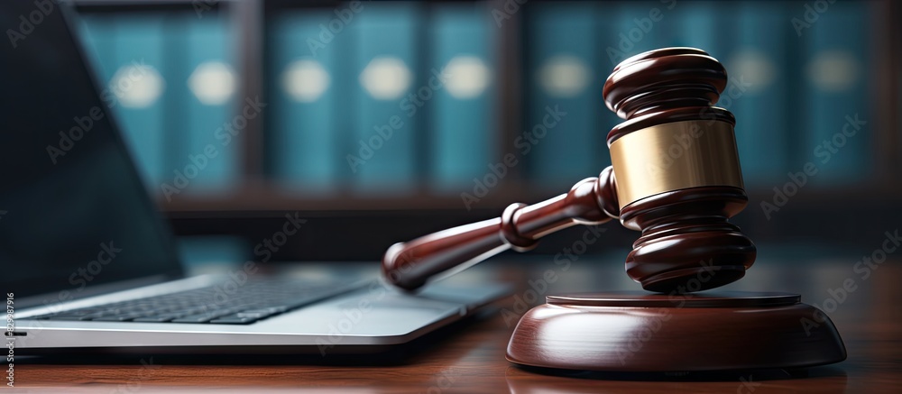 Poster A close up image of a sleek black computer keyboard with a gavel placed on a desk nearby. with copy space image. Place for adding text or design