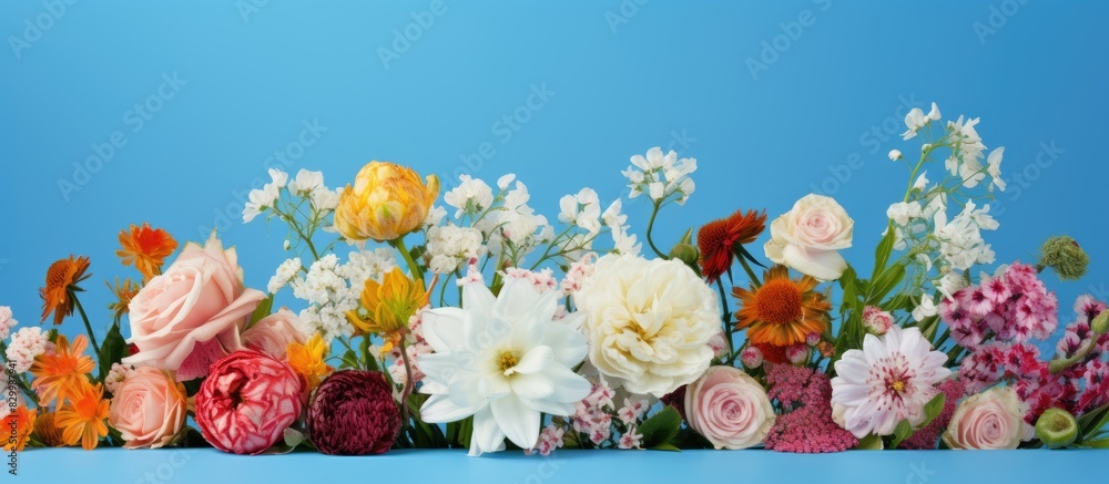 Poster a gorgeous arrangement of flowers set against a vibrant blue backdrop creating a stunning copy space