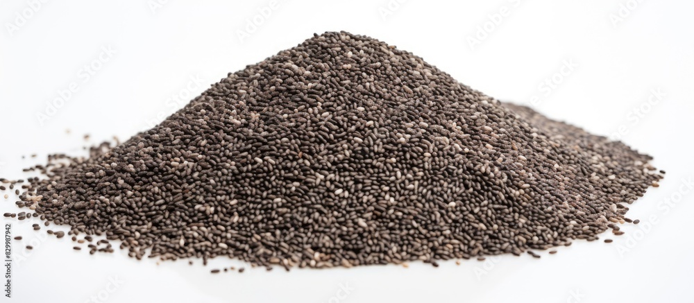 Poster copy space image of a heap of nutritious chia seeds set against a clean white backdrop lamiaceae