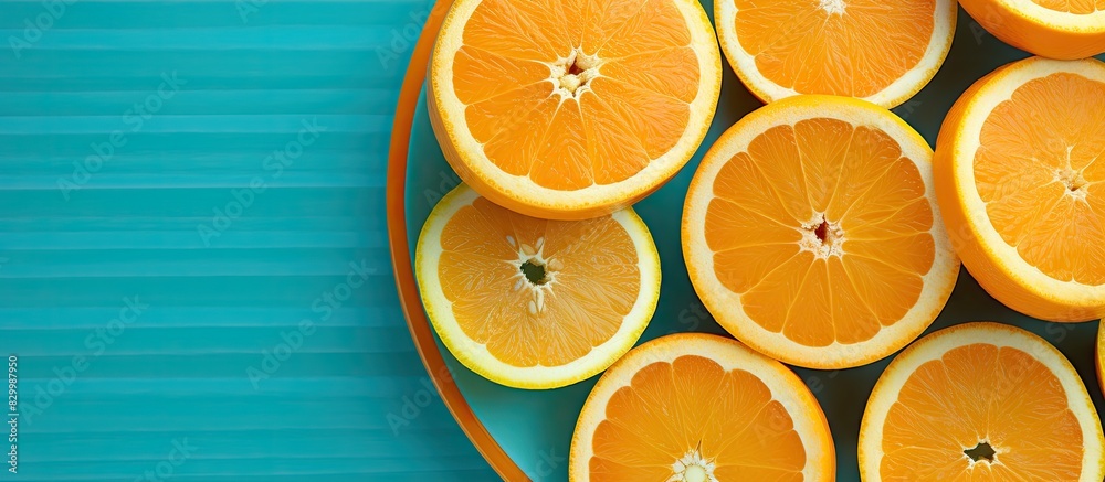 Poster top view of a plate filled with fresh orange fruit slices the vibrant background complements the cop