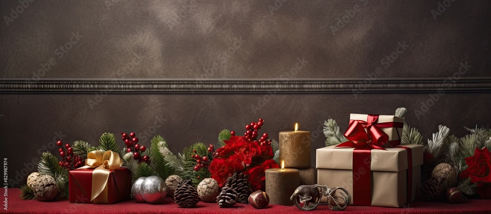 Poster festive holiday setting showcasing a well crafted arrangement featuring a christmas present alongsid