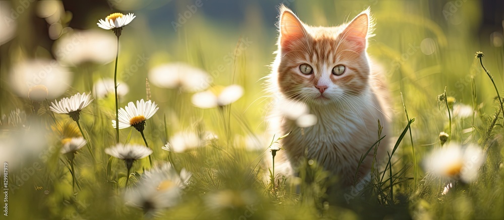 Aufkleber Cat romps in a sunny meadow with plenty of empty space for a picture. with copy space image. Place for adding text or design
