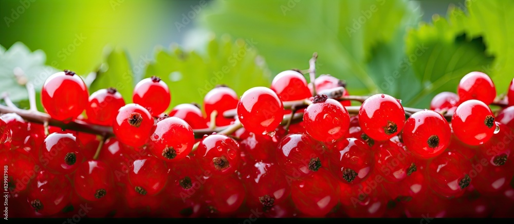 Poster a close up image of fresh juicy red currant berries with plenty of copy space