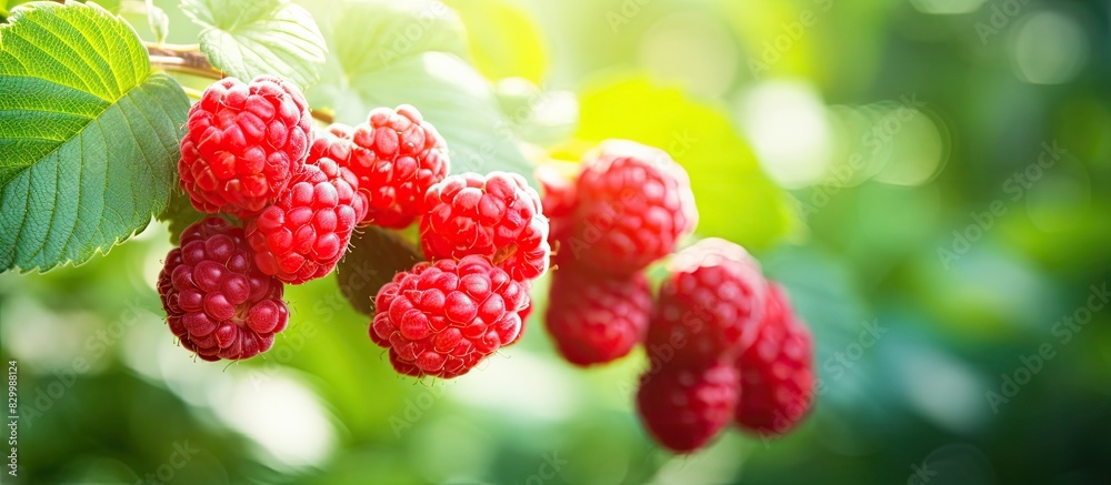 Aufkleber A cluster of ripe red raspberries on the plant displaying its readiness for picking with available copy space in the image