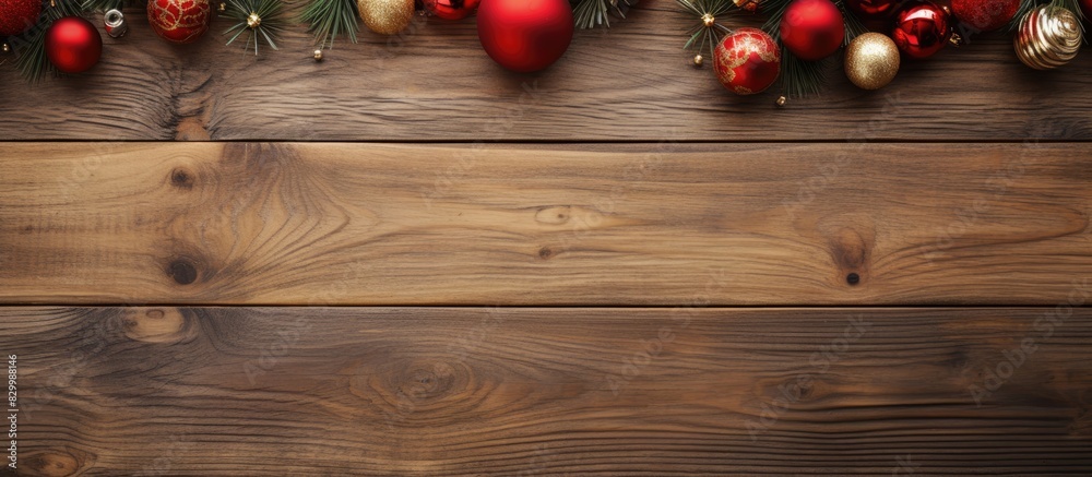Poster a festive holiday background with christmas decorations placed on a wooden table captured from a top