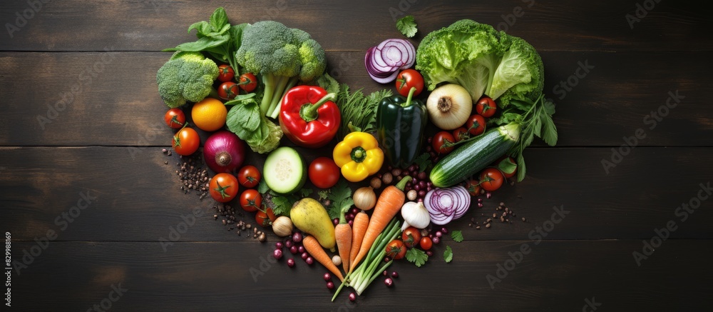 Poster heart shaped arrangement of vegetables on a table creating a conceptual image of vegetarian cuisine 