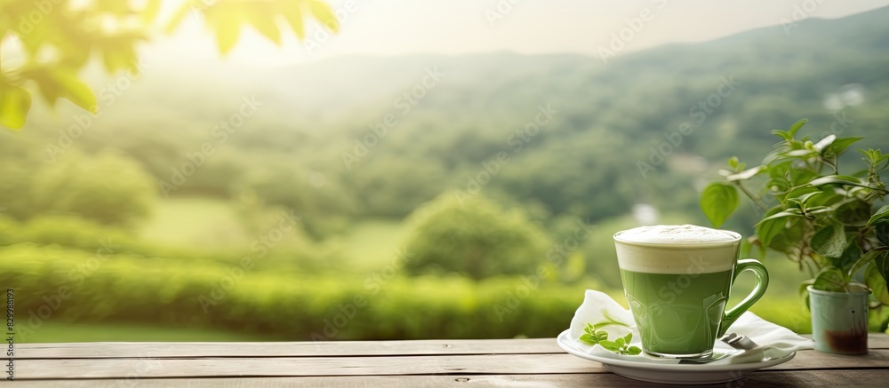 Poster a matcha latte is placed on a village terrace surrounded by a comfortable armchair and lush greenery