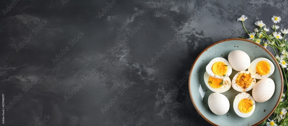 Aufkleber a plate of boiled eggs resting on a textured gray surface with copy space image