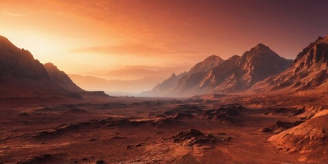 Sunrise,sunset on Mars, Scenic view of the Martian landscape with rugged mountains under the red-tinged glow of dawn or dusk.