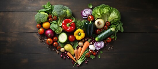 Heart shaped arrangement of vegetables on a table creating a conceptual image of vegetarian cuisine with copy space