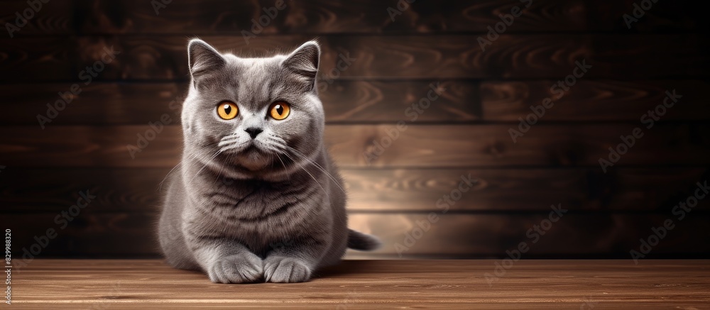 Poster A charming gray cat sits on a wooden surface with an empty space for additional content in the background image