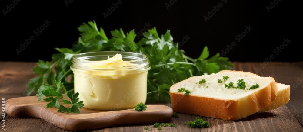 Poster a copy space image of butter bread and parsley placed on a wooden background