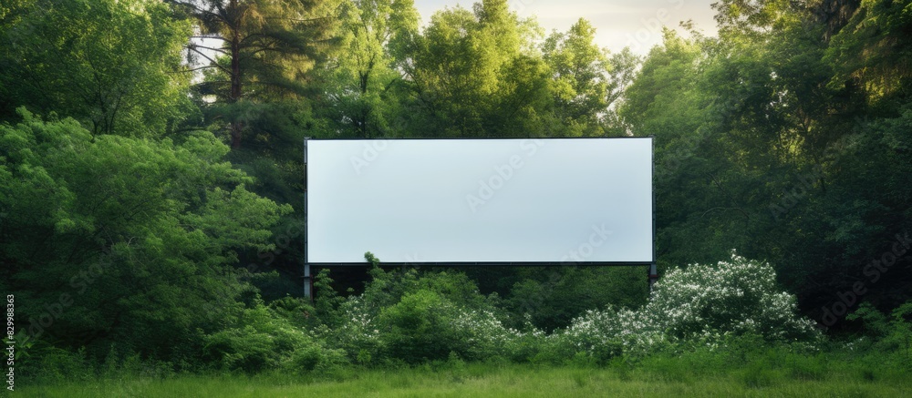 Poster An empty billboard stands tall in the midst of a lush green park providing an ideal space for advertising. with copy space image. Place for adding text or design