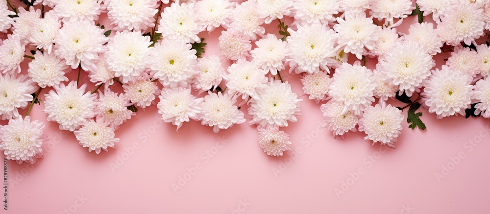 Aufkleber A floral pattern of white chrysanthemums and gypsophilas on a pink background viewed from the top It is a flat lay image with copy space for your text