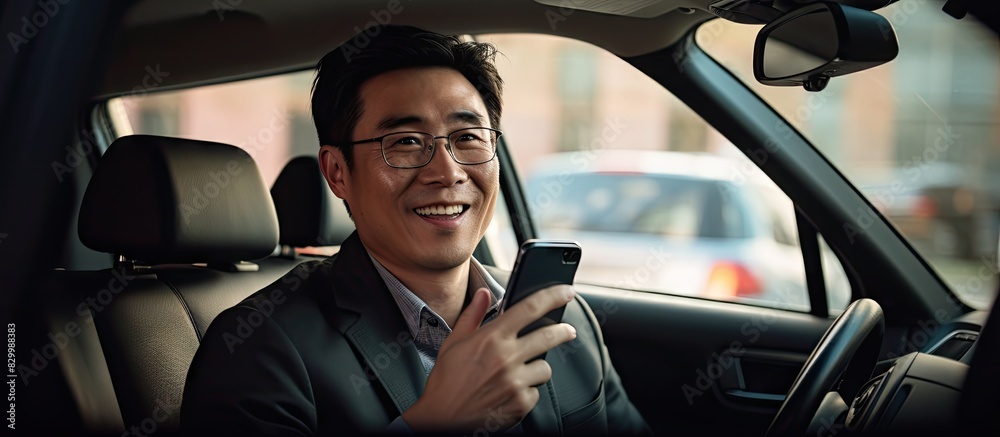 Poster a middle aged asian man engaged in a phone conversation while behind the wheel of a car with copy sp