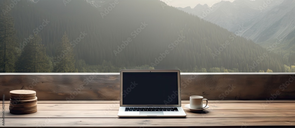 Aufkleber a desk with a laptop displaying no content on its screen provides ample copy space for images