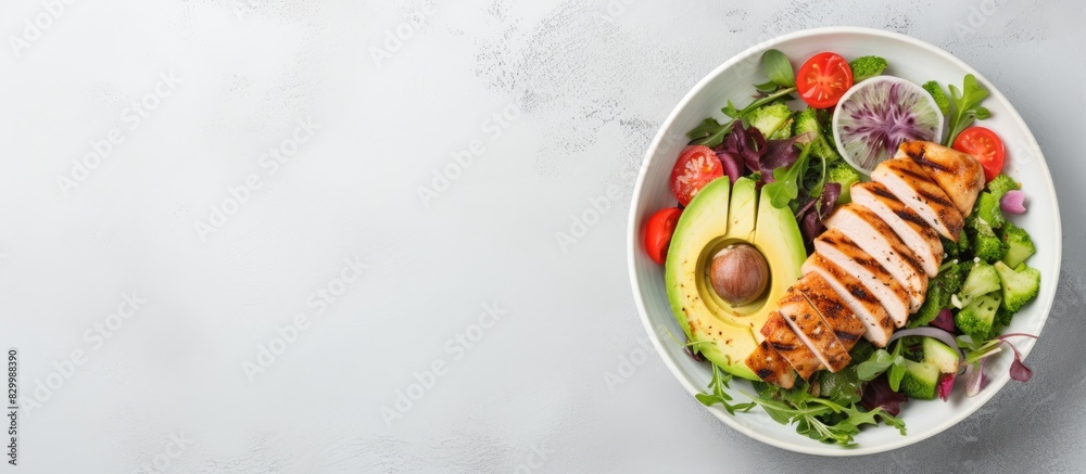 Poster Aerial shot of a white bowl filled with a delicious salad The salad includes grilled chicken fillet and is placed on a light slate stone or concrete background There is also enough empty space for ad