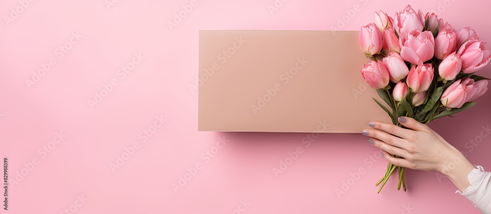 Poster a female hand model is holding a paper with enough space for text on the surface there is a beautifu