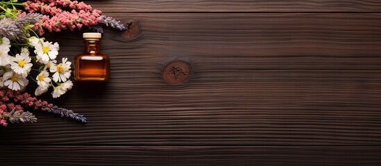 A brown wooden background with a flat lay arrangement of organic essential oil flowers and empty space for text. with copy space image. Place for adding text or design