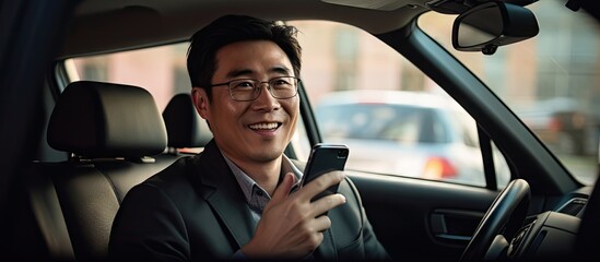 A middle aged Asian man engaged in a phone conversation while behind the wheel of a car with copy space image - Powered by Adobe