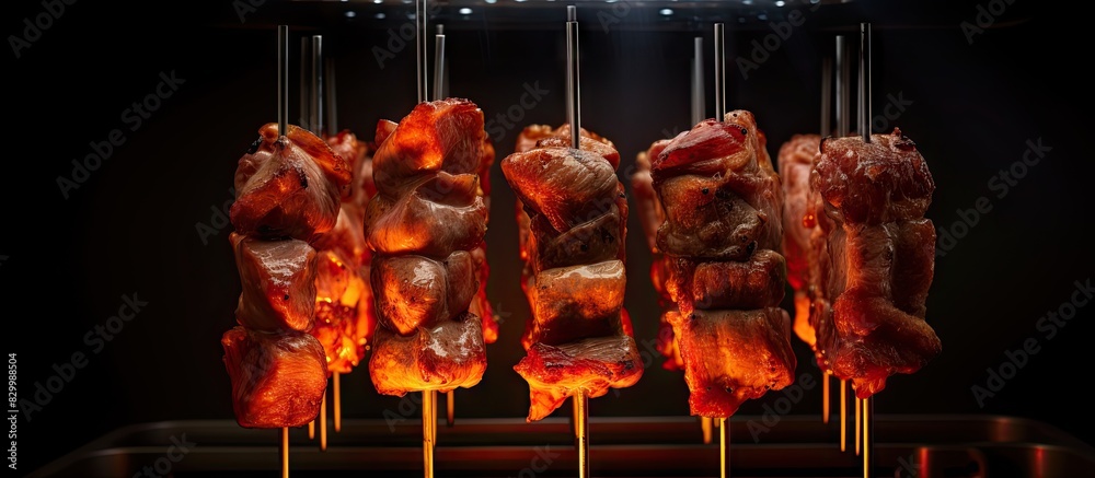 Aufkleber pork meat being cooked on vertical skewers in an electric kebab maker copy space image