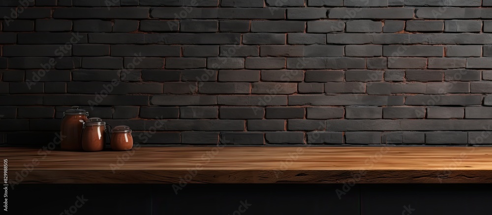Poster in a home interior there is a copy space image of an empty wooden countertop set against a black bri