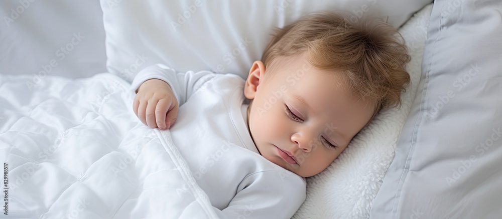 Poster a peaceful image of a baby boy peacefully sleeping on a pillow in a comfy bed with a soft blanket an