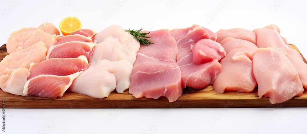 Poster a copy space image of diced raw chicken meat and uncooked poultry fillets is presented on a white ba