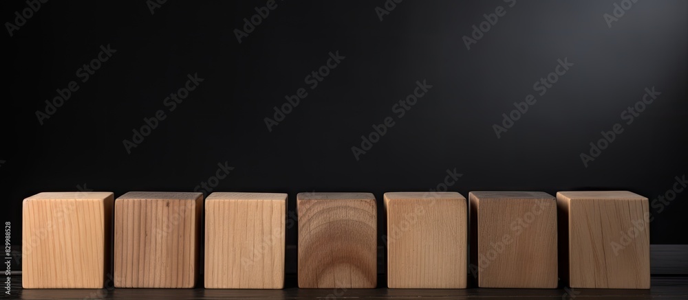 Aufkleber Black background with copyspace image featuring row of seven blank wooden blocks for your personalized text letters or numbers