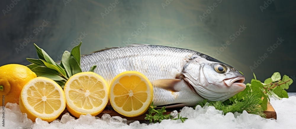 Aufkleber Closeup of a fresh raw dorado fish along with oysters and a lemon placed on a light grey background Ample space is available for adding text to the image
