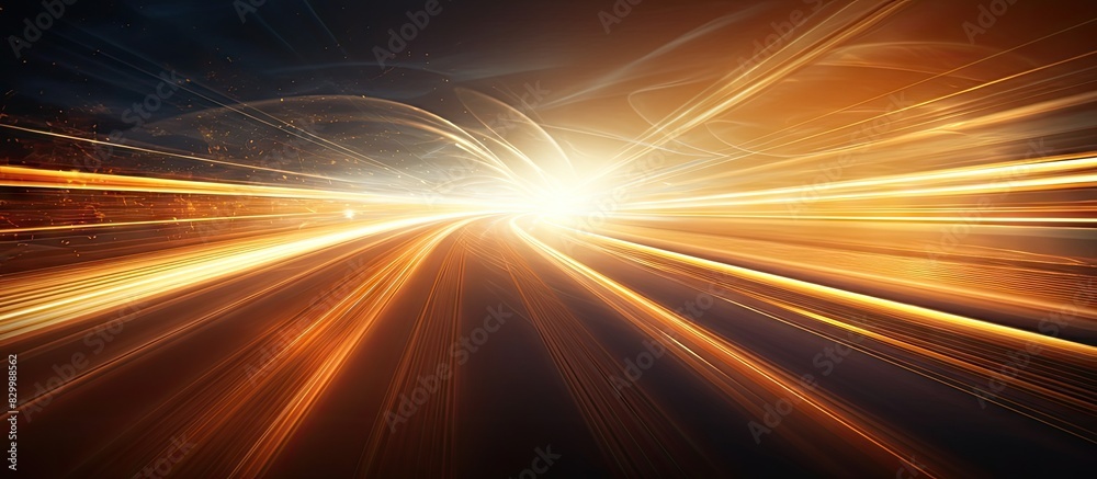 Poster Golden light trails in the background with track marks of lights Ample space for copy in the image