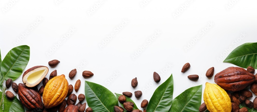 Poster A copy space image of fresh cocoa fruits half sliced and accompanied by a green leaf seen from a top view on a white background