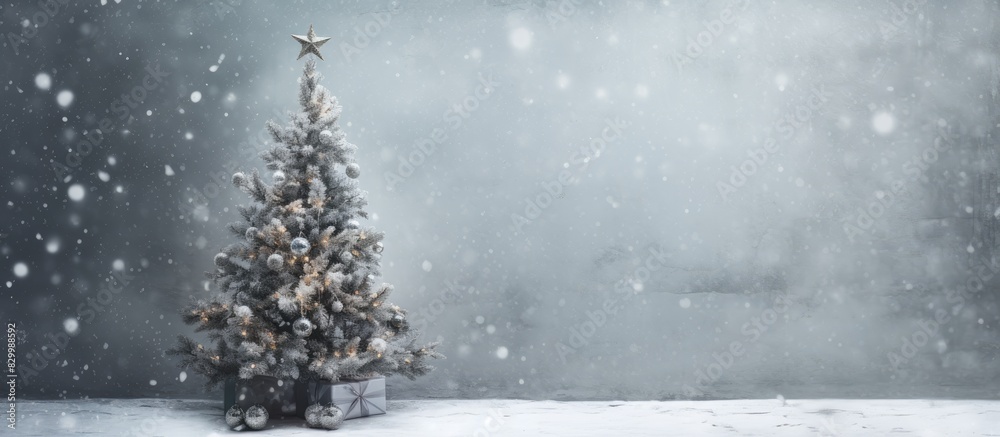 Poster The Christmas tree stands against a cement wall with a blank space for an image while snowflakes fall gently around it. with copy space image. Place for adding text or design