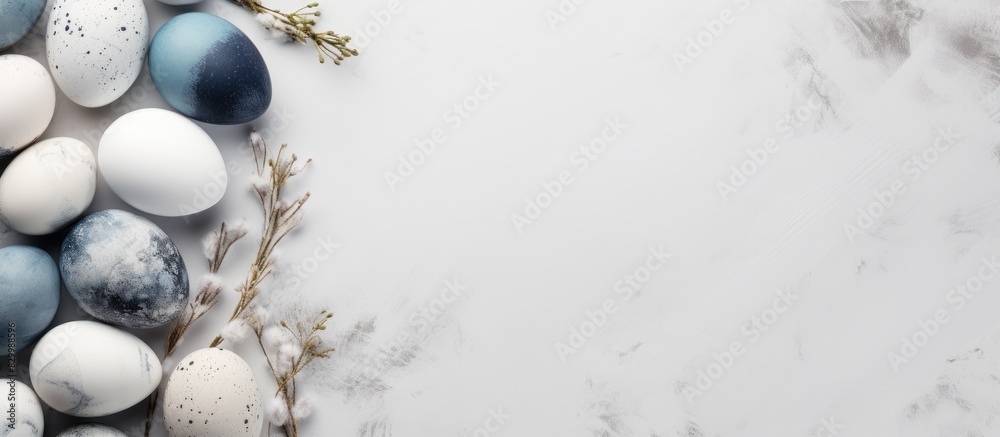 Poster easter greeting card mockup with stylish eggs forming a frame placed on a white wooden background mo