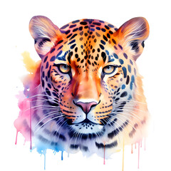 Obraz premium Colorful jaguar head watercolor illustration with splashes on white background. Wild animals art.