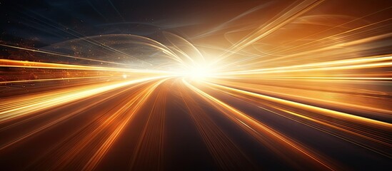 Golden light trails in the background with track marks of lights Ample space for copy in the image
